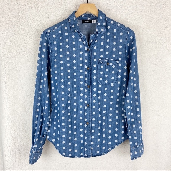 BDG URBAN OUTFITTERS Long-Sleeve Chambray Polka Dot Button-Down Shirt Small - Picture 9 of 9